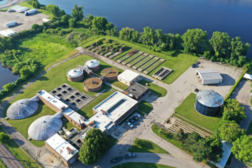 Aerial view of wastewater treatment plant, looking toward the Menominee River