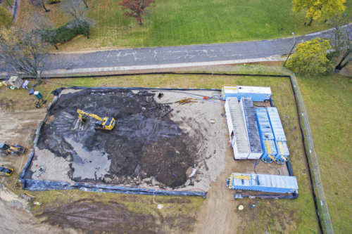 Aerial view of the dredged material stockpile and Mobile Water Treatment System