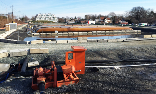 Dewatering pad and sump, during dredging operations