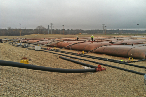 View of the geotextile tubes from the SW corner of the Sediment Consolidation Facility, 04-09-2013
