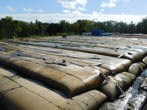 Stacked geotextile tubes in sediment processing area